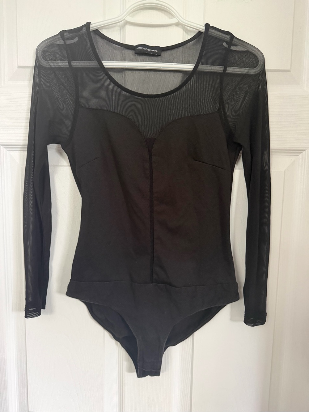 Black Mesh Long-Sleeve Bodysuit